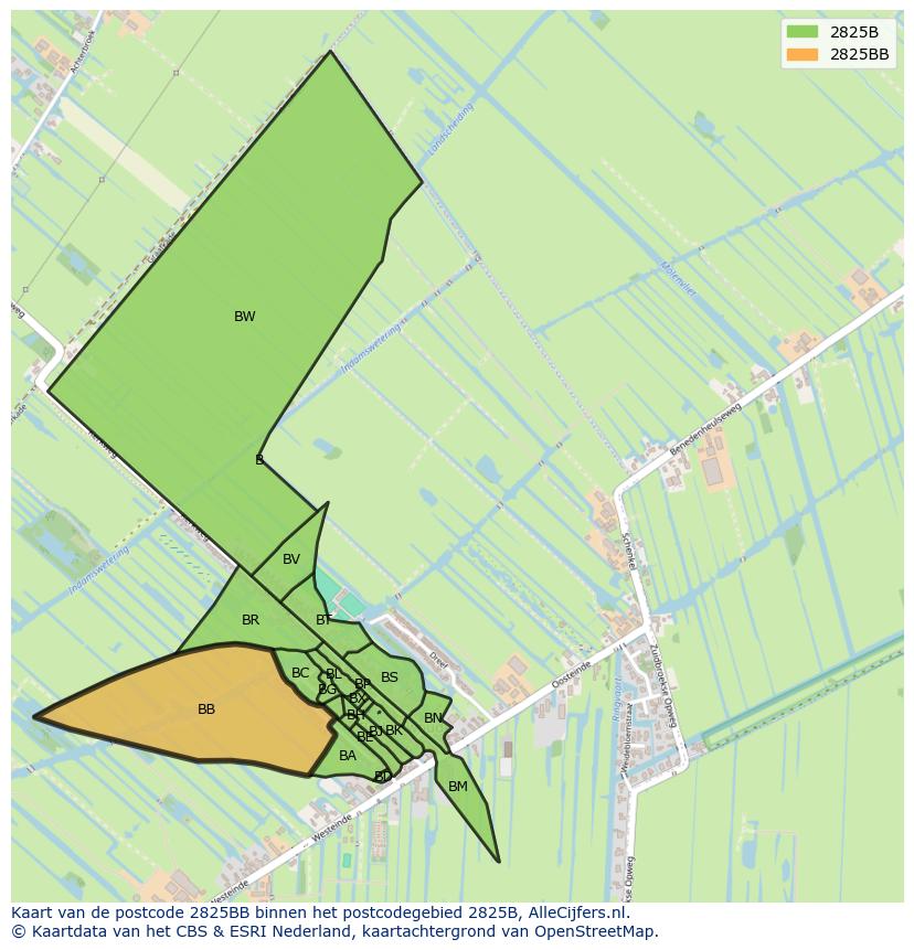 Afbeelding van het postcodegebied 2825 BB op de kaart.