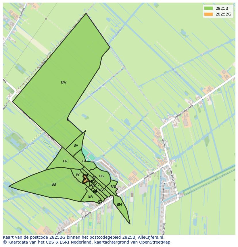 Afbeelding van het postcodegebied 2825 BG op de kaart.