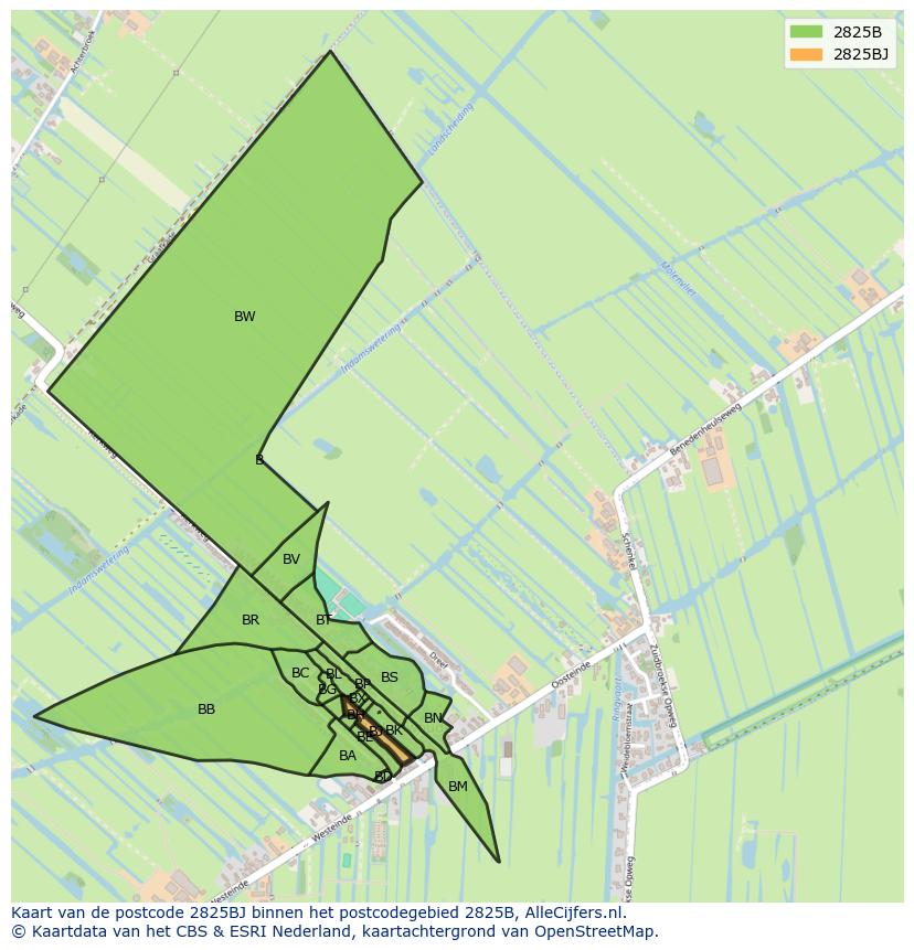 Afbeelding van het postcodegebied 2825 BJ op de kaart.