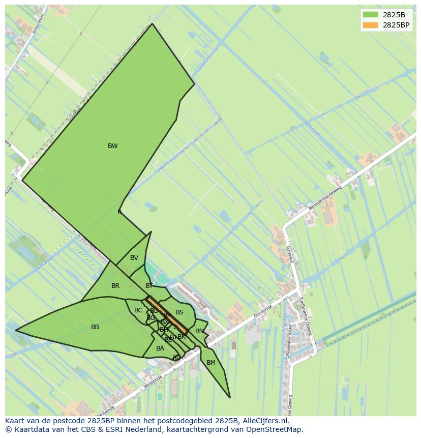 Afbeelding van het postcodegebied 2825 BP op de kaart.