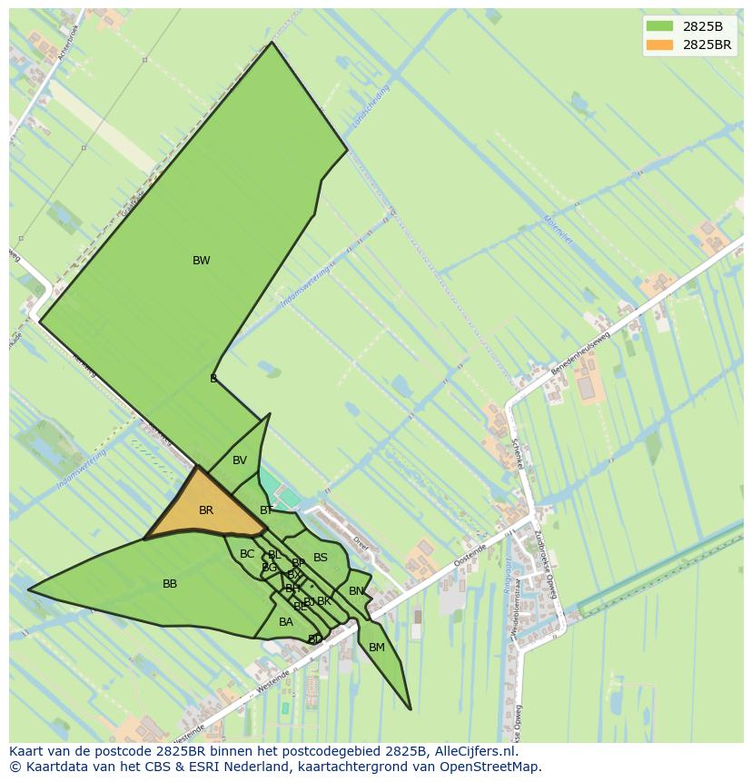 Afbeelding van het postcodegebied 2825 BR op de kaart.
