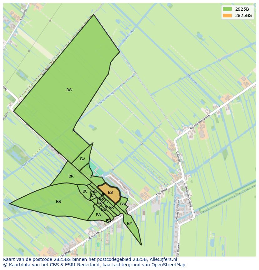 Afbeelding van het postcodegebied 2825 BS op de kaart.