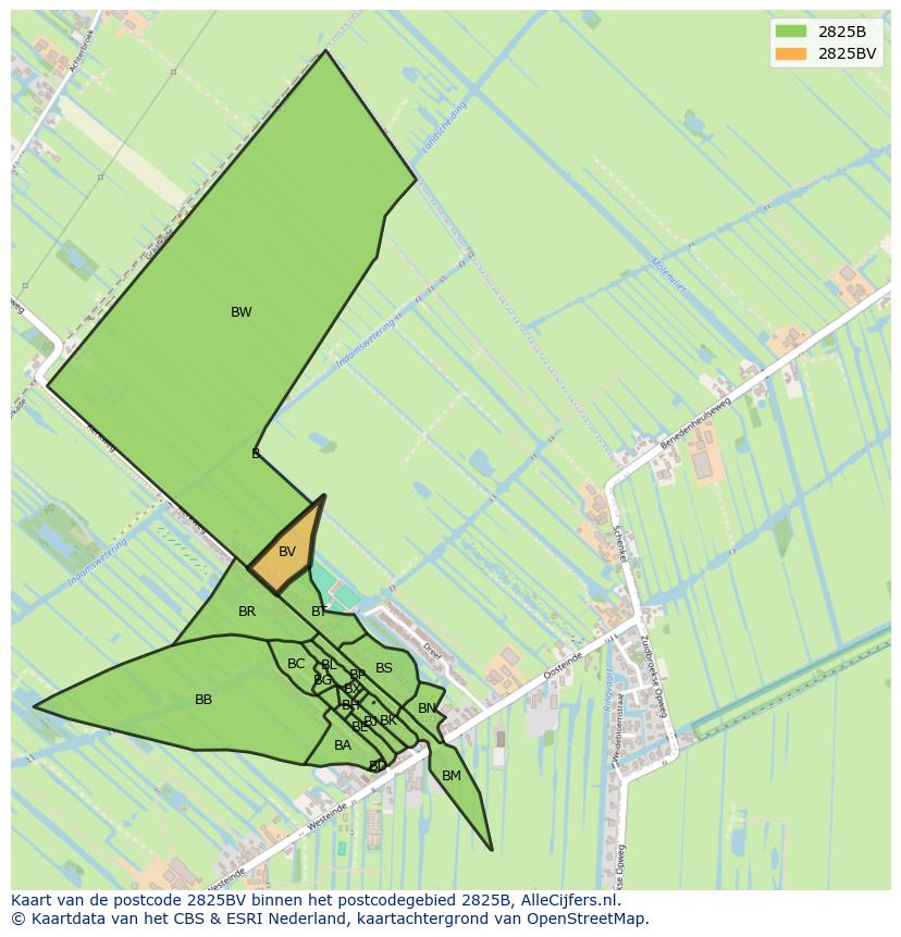 Afbeelding van het postcodegebied 2825 BV op de kaart.
