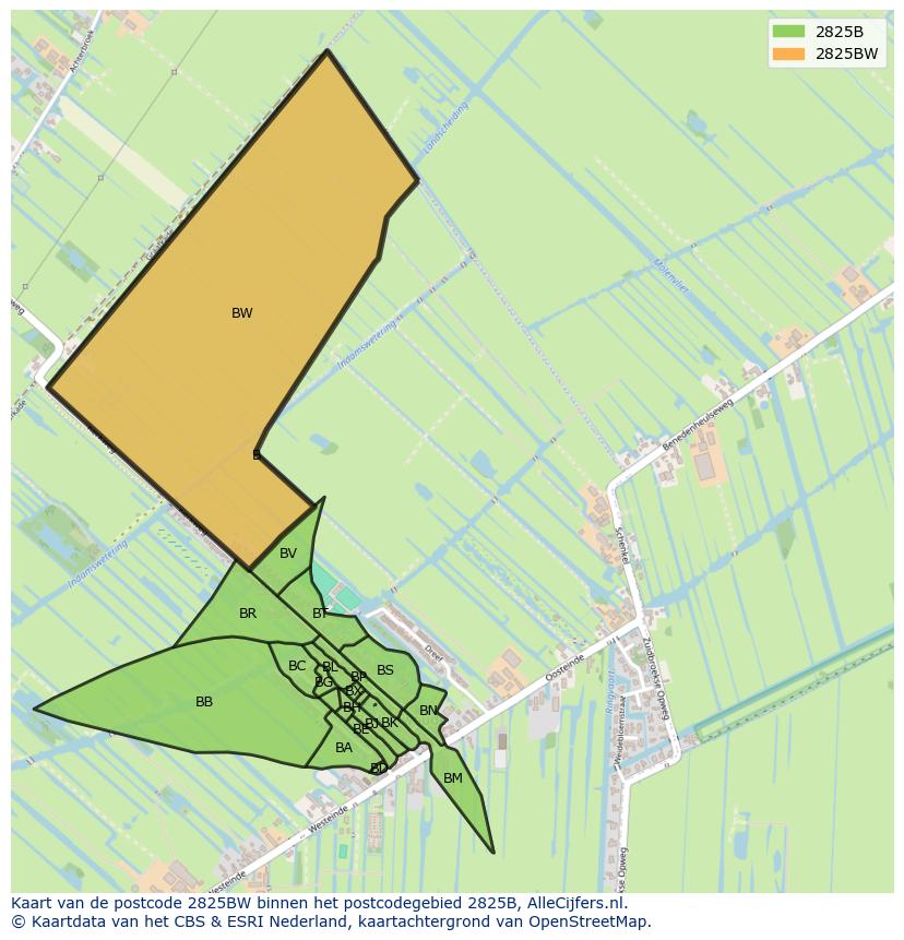 Afbeelding van het postcodegebied 2825 BW op de kaart.