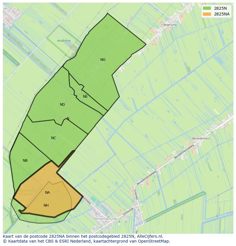 Afbeelding van het postcodegebied 2825 NA op de kaart.