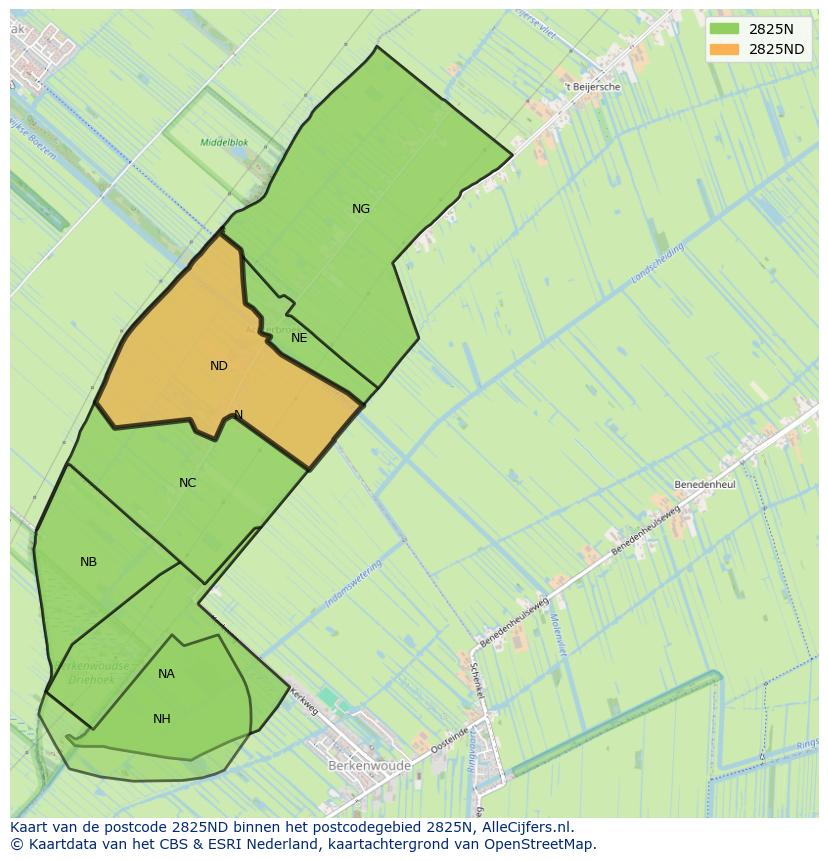 Afbeelding van het postcodegebied 2825 ND op de kaart.