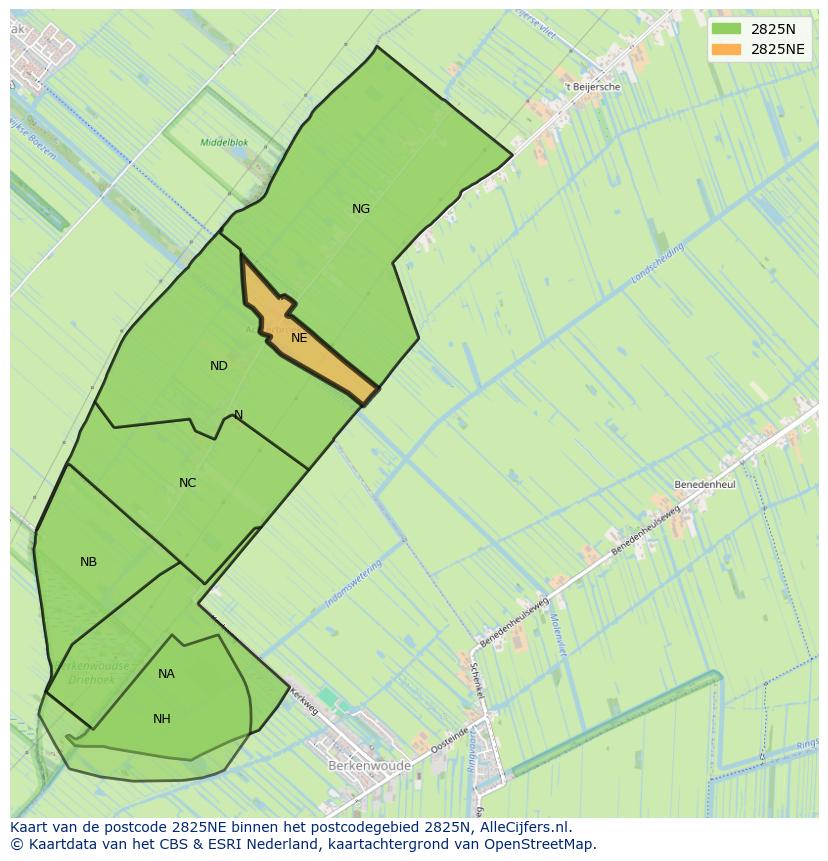 Afbeelding van het postcodegebied 2825 NE op de kaart.