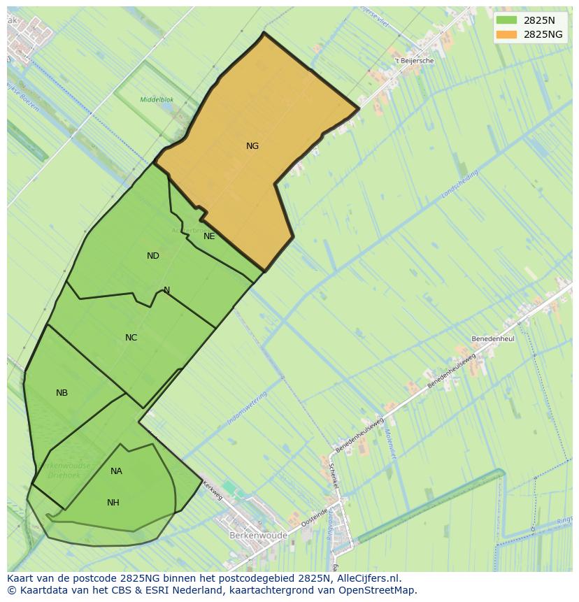 Afbeelding van het postcodegebied 2825 NG op de kaart.