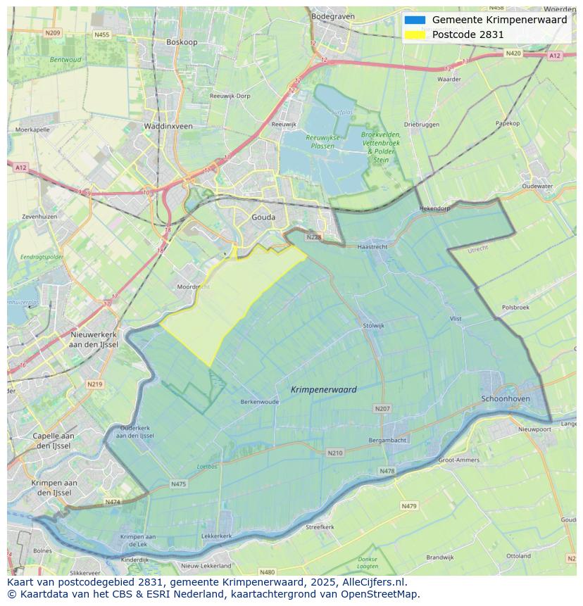 Afbeelding van het postcodegebied 2831 op de kaart.