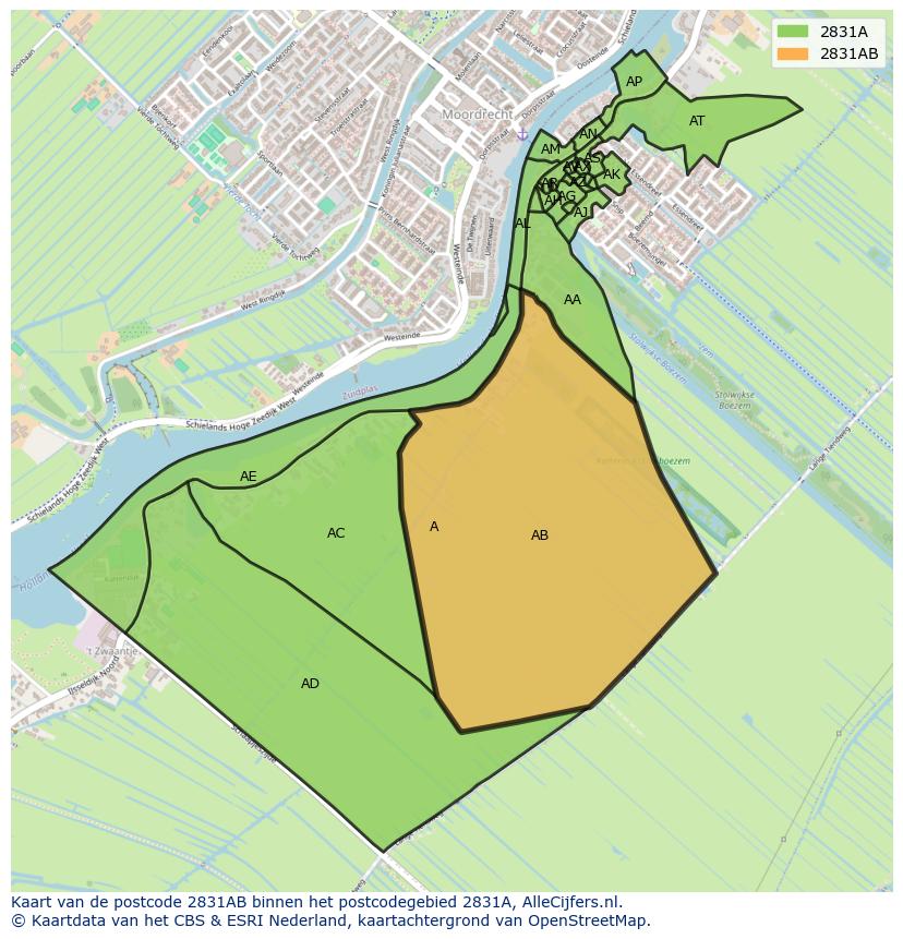 Afbeelding van het postcodegebied 2831 AB op de kaart.