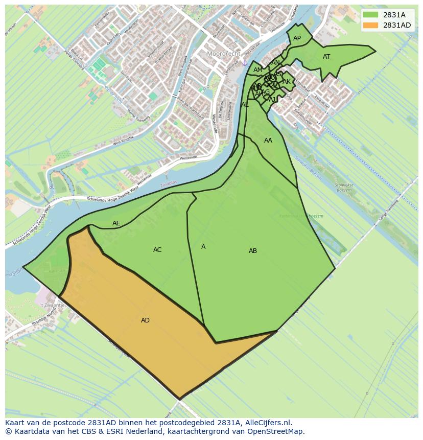 Afbeelding van het postcodegebied 2831 AD op de kaart.