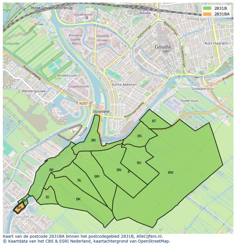 Afbeelding van het postcodegebied 2831 BA op de kaart.