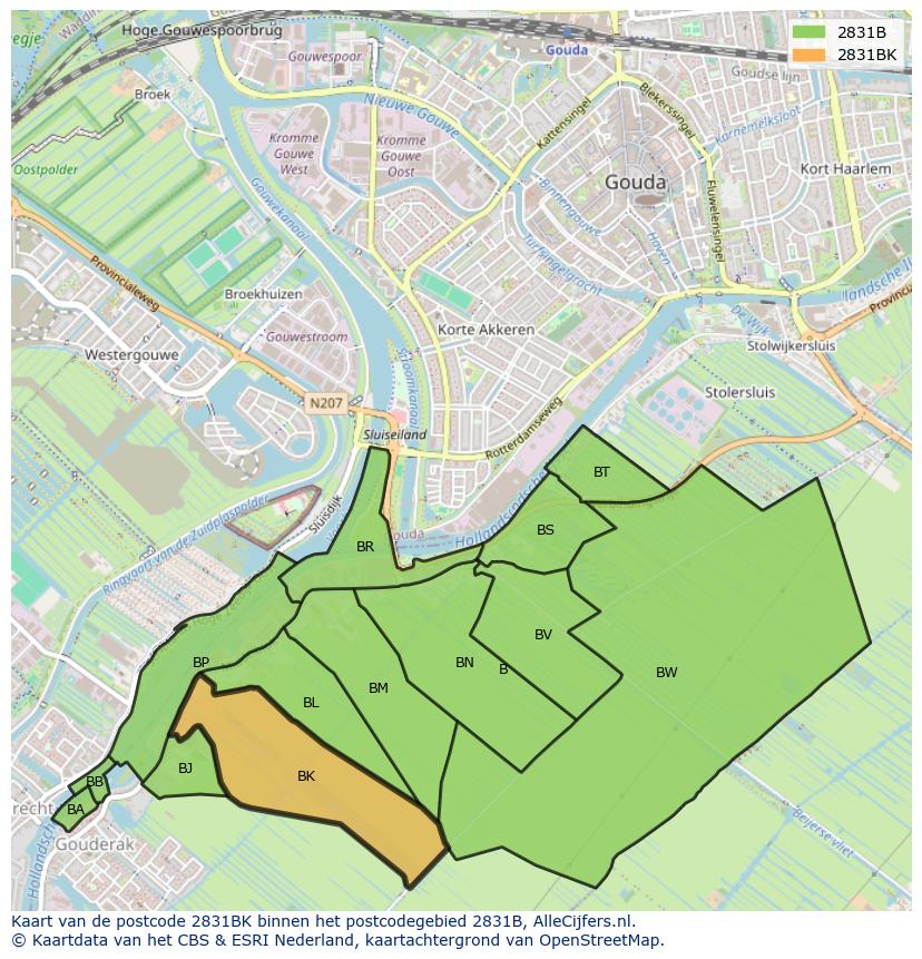Afbeelding van het postcodegebied 2831 BK op de kaart.