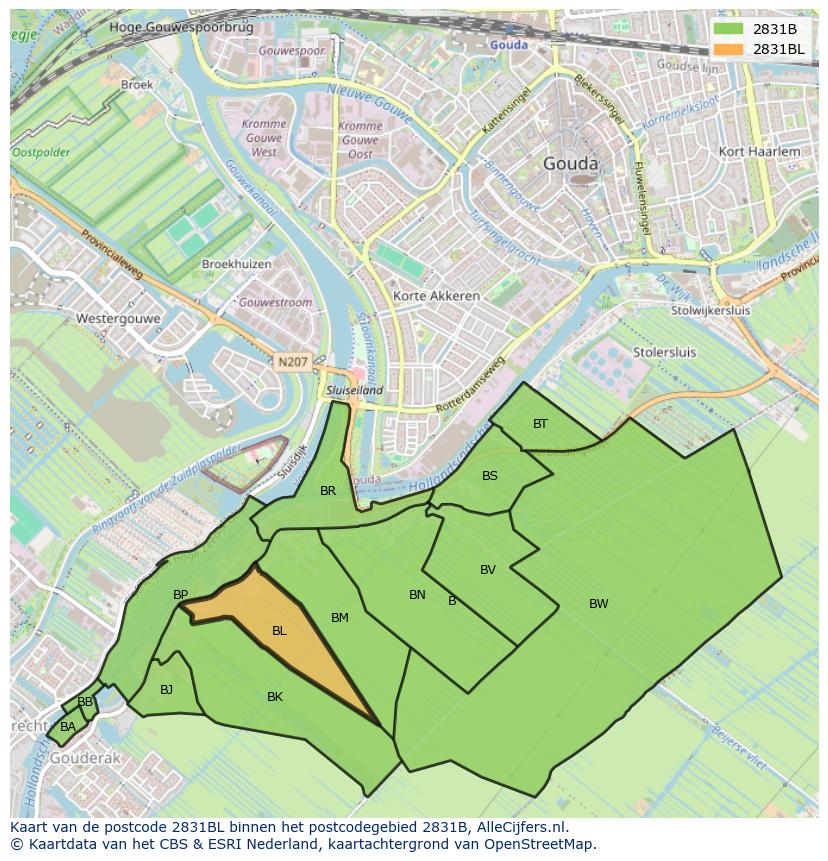 Afbeelding van het postcodegebied 2831 BL op de kaart.
