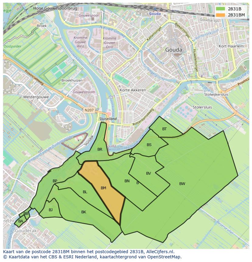 Afbeelding van het postcodegebied 2831 BM op de kaart.