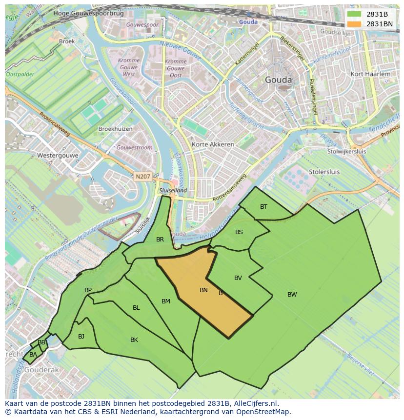 Afbeelding van het postcodegebied 2831 BN op de kaart.