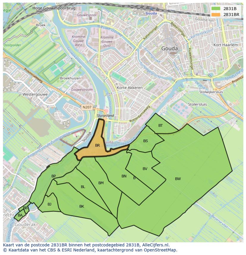 Afbeelding van het postcodegebied 2831 BR op de kaart.