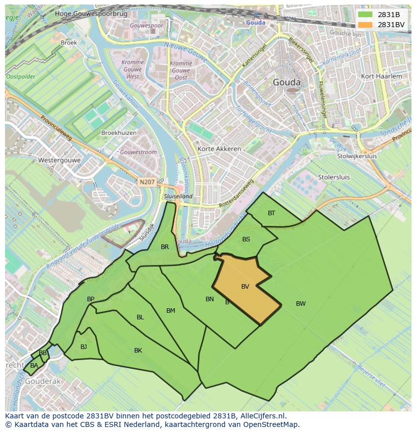 Afbeelding van het postcodegebied 2831 BV op de kaart.