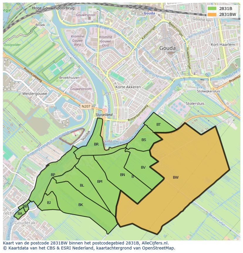 Afbeelding van het postcodegebied 2831 BW op de kaart.