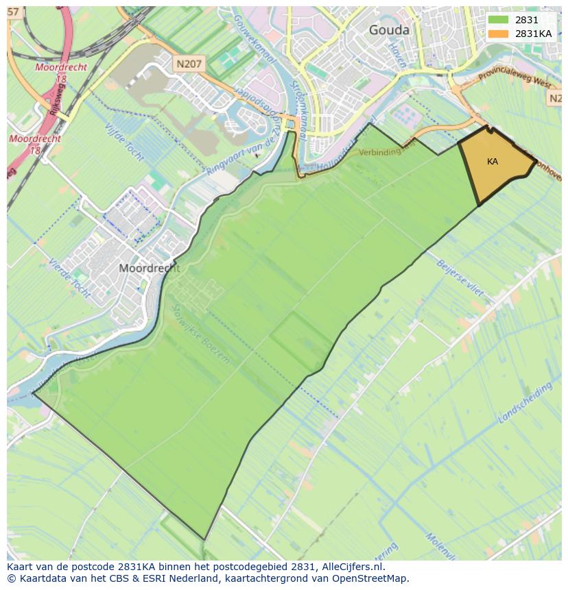 Afbeelding van het postcodegebied 2831 KA op de kaart.