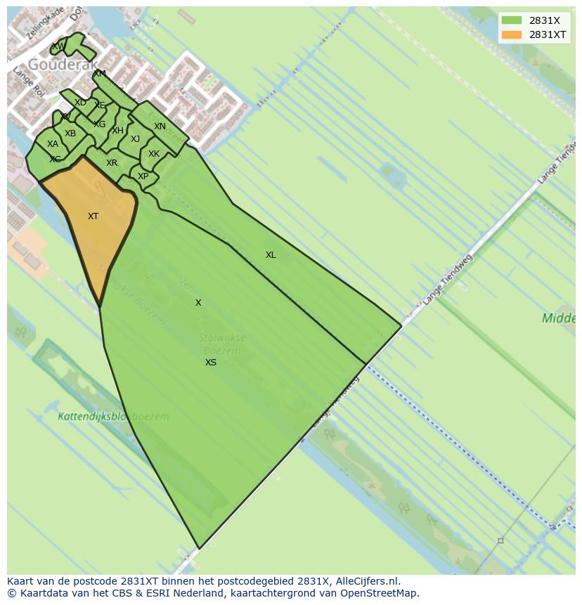 Afbeelding van het postcodegebied 2831 XT op de kaart.