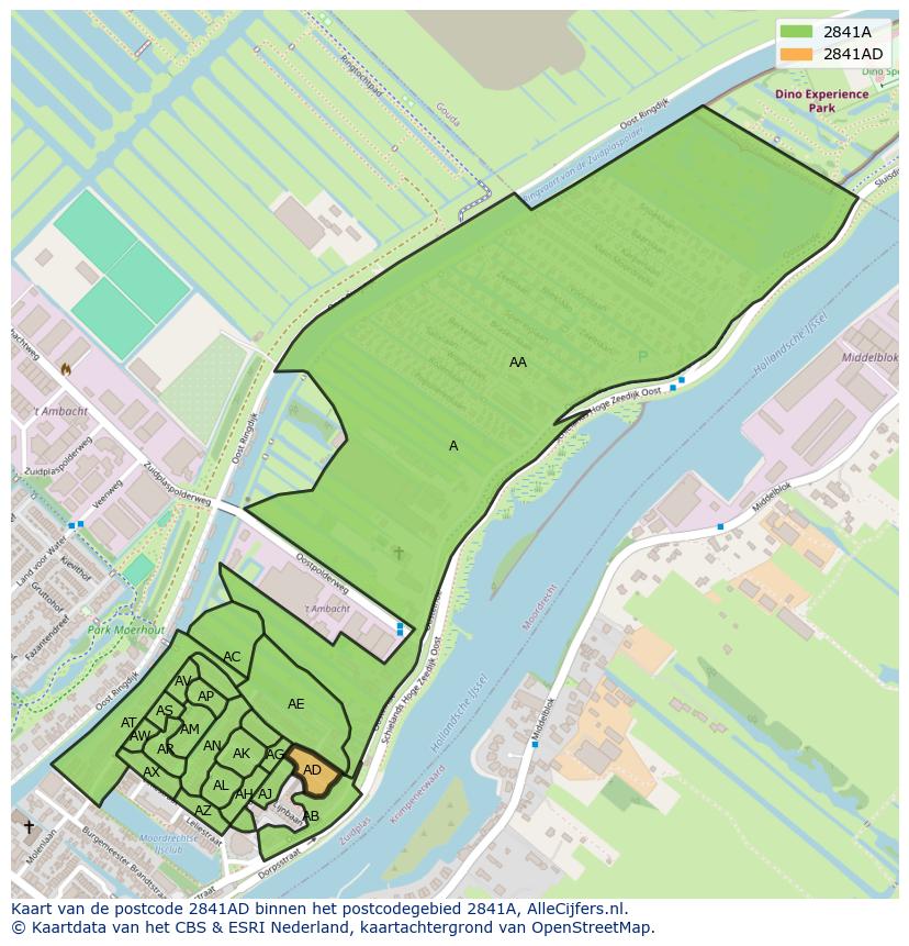 Afbeelding van het postcodegebied 2841 AD op de kaart.