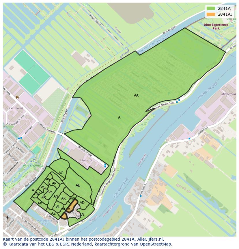 Afbeelding van het postcodegebied 2841 AJ op de kaart.