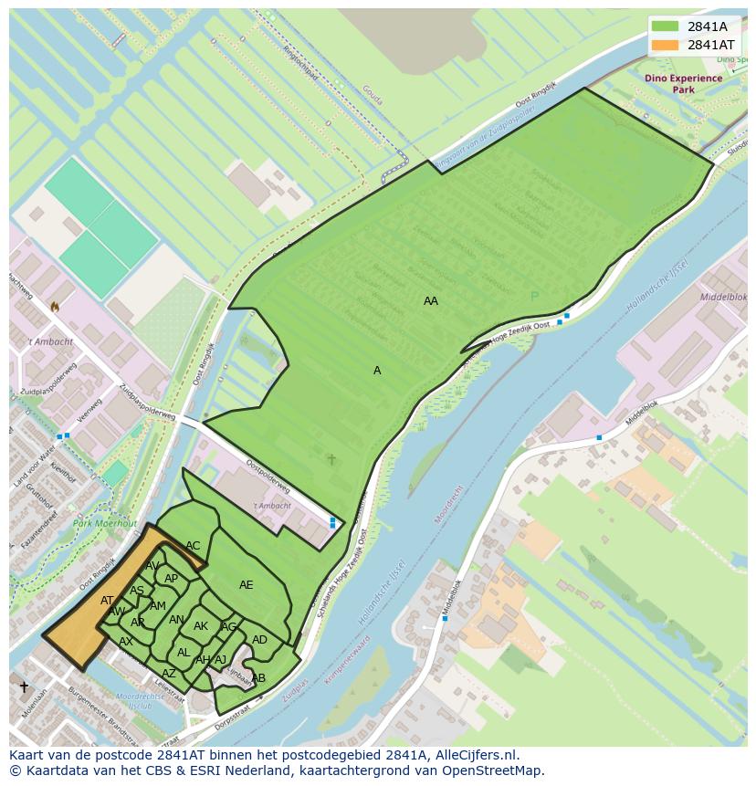 Afbeelding van het postcodegebied 2841 AT op de kaart.