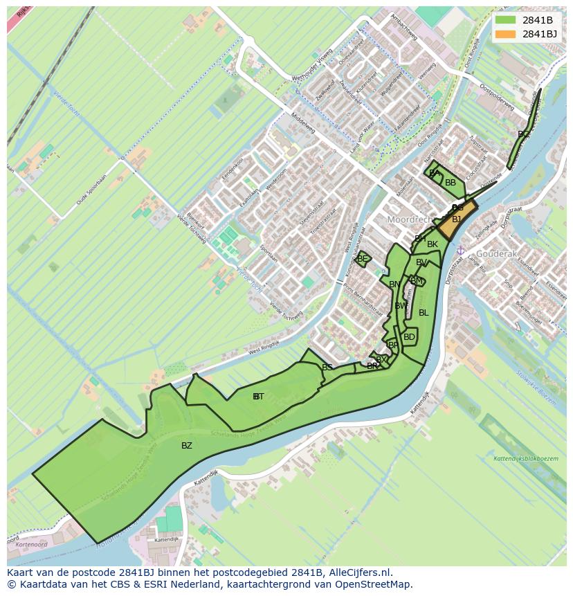 Afbeelding van het postcodegebied 2841 BJ op de kaart.