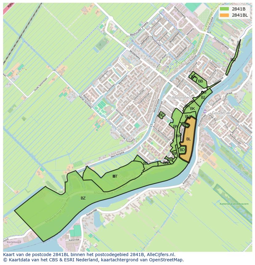 Afbeelding van het postcodegebied 2841 BL op de kaart.