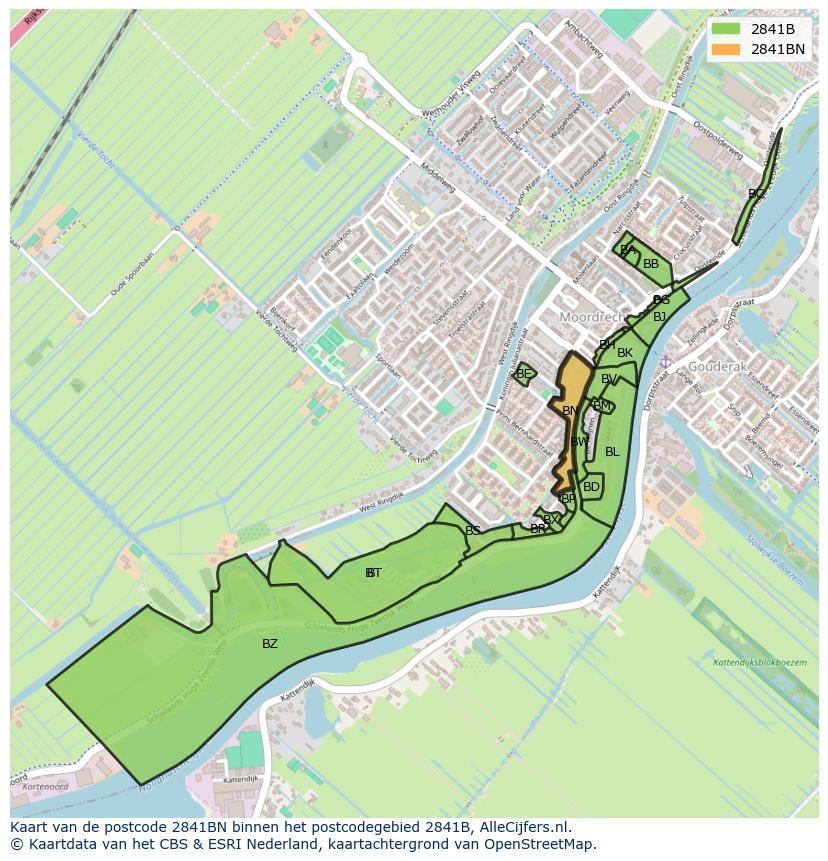 Afbeelding van het postcodegebied 2841 BN op de kaart.