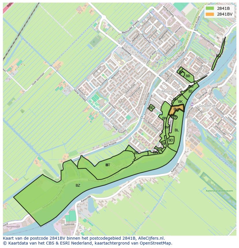 Afbeelding van het postcodegebied 2841 BV op de kaart.