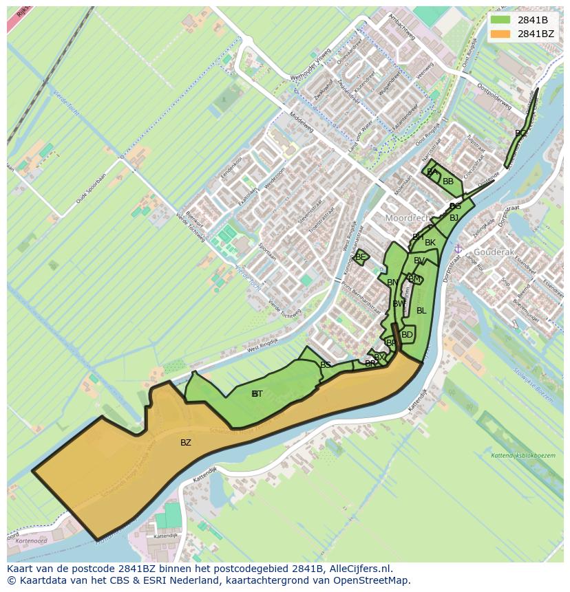 Afbeelding van het postcodegebied 2841 BZ op de kaart.
