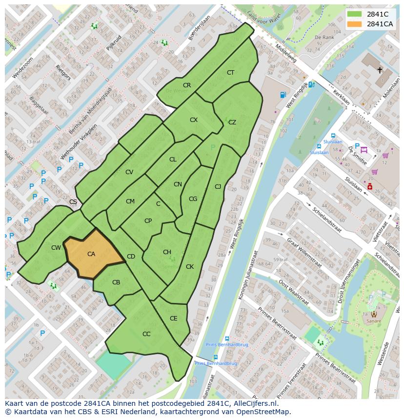 Afbeelding van het postcodegebied 2841 CA op de kaart.