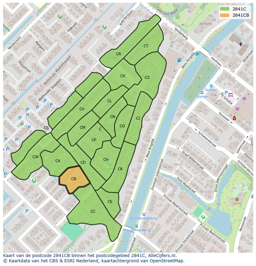 Afbeelding van het postcodegebied 2841 CB op de kaart.