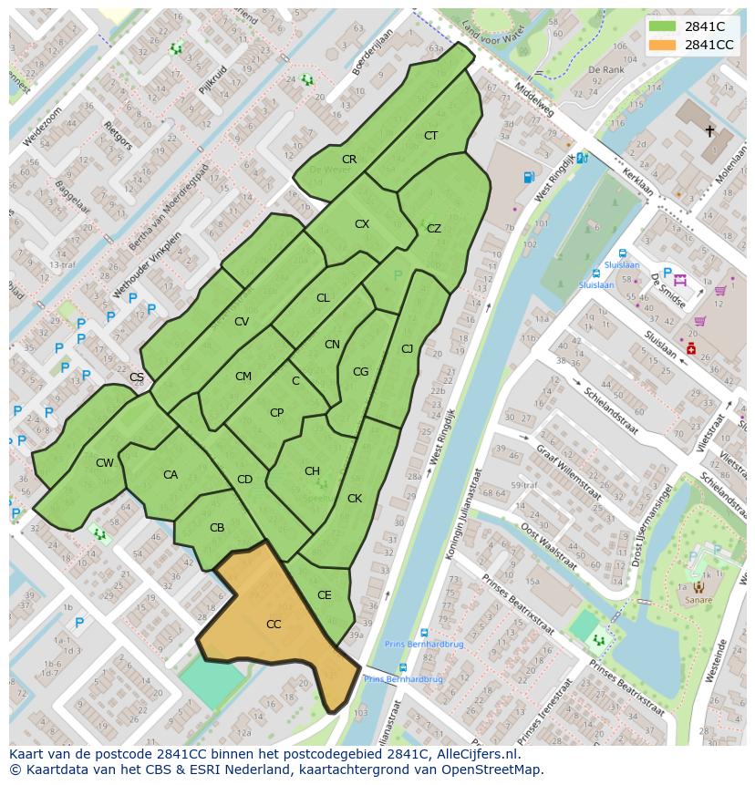 Afbeelding van het postcodegebied 2841 CC op de kaart.