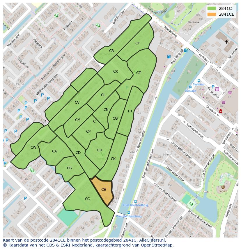Afbeelding van het postcodegebied 2841 CE op de kaart.