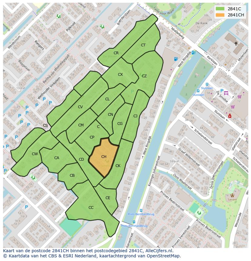 Afbeelding van het postcodegebied 2841 CH op de kaart.