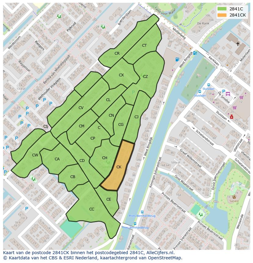 Afbeelding van het postcodegebied 2841 CK op de kaart.