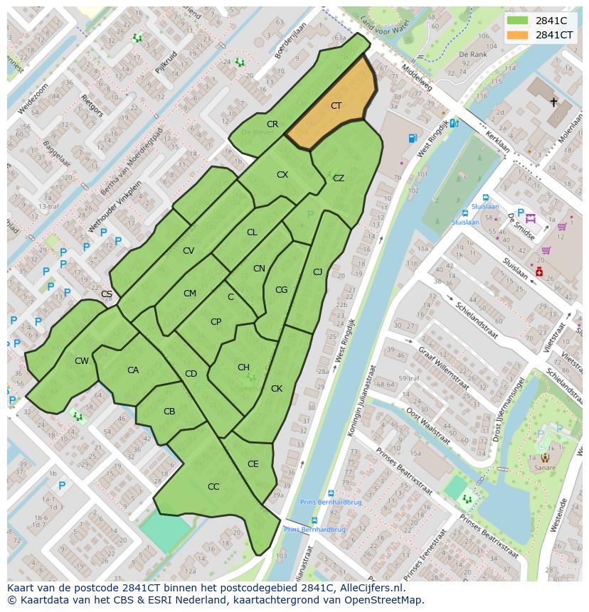 Afbeelding van het postcodegebied 2841 CT op de kaart.