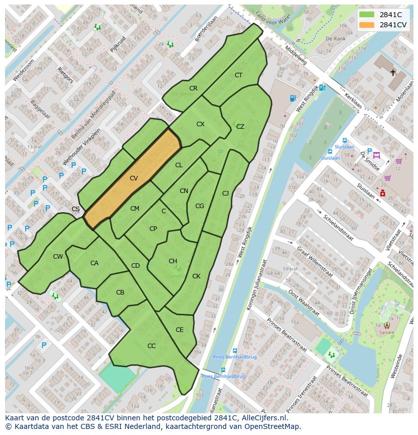 Afbeelding van het postcodegebied 2841 CV op de kaart.