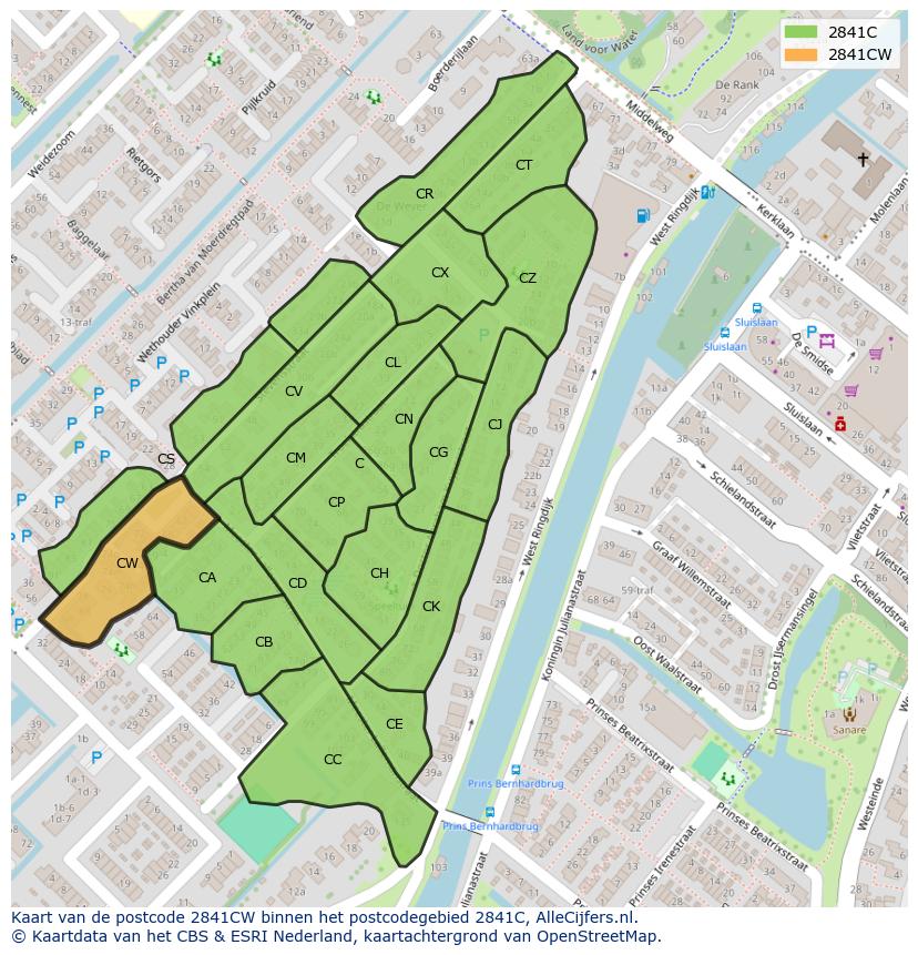 Afbeelding van het postcodegebied 2841 CW op de kaart.