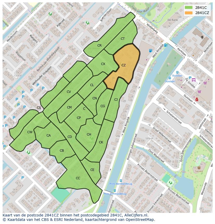 Afbeelding van het postcodegebied 2841 CZ op de kaart.