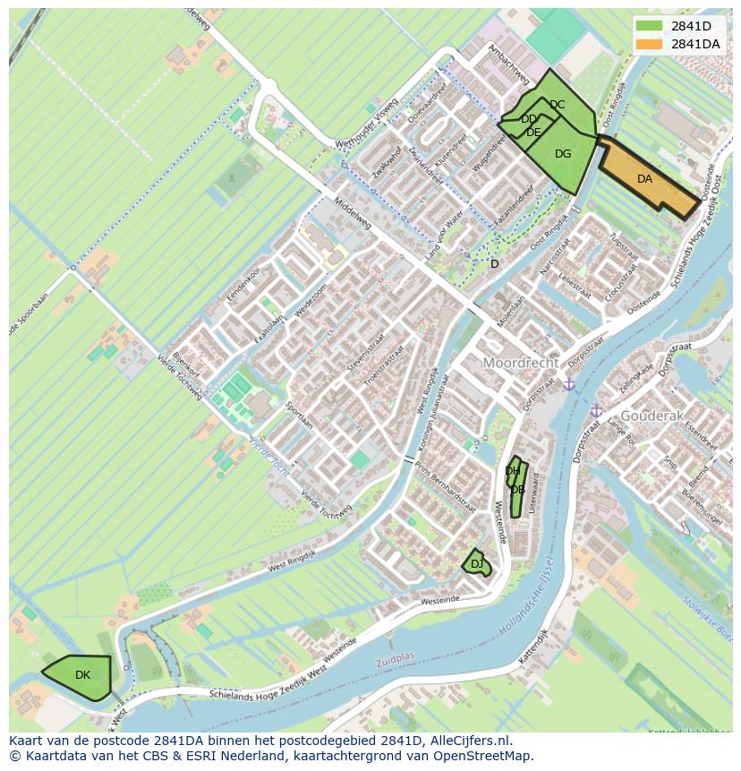 Afbeelding van het postcodegebied 2841 DA op de kaart.