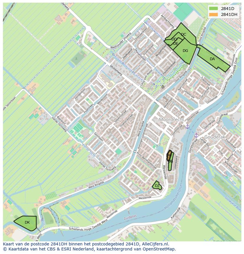 Afbeelding van het postcodegebied 2841 DH op de kaart.
