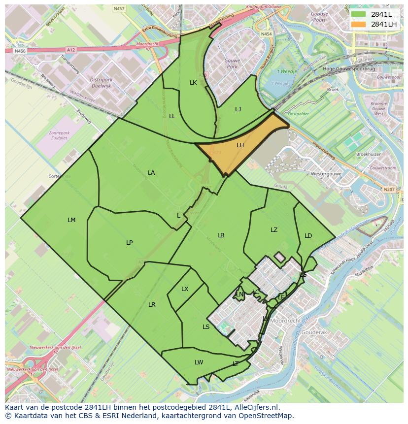 Afbeelding van het postcodegebied 2841 LH op de kaart.
