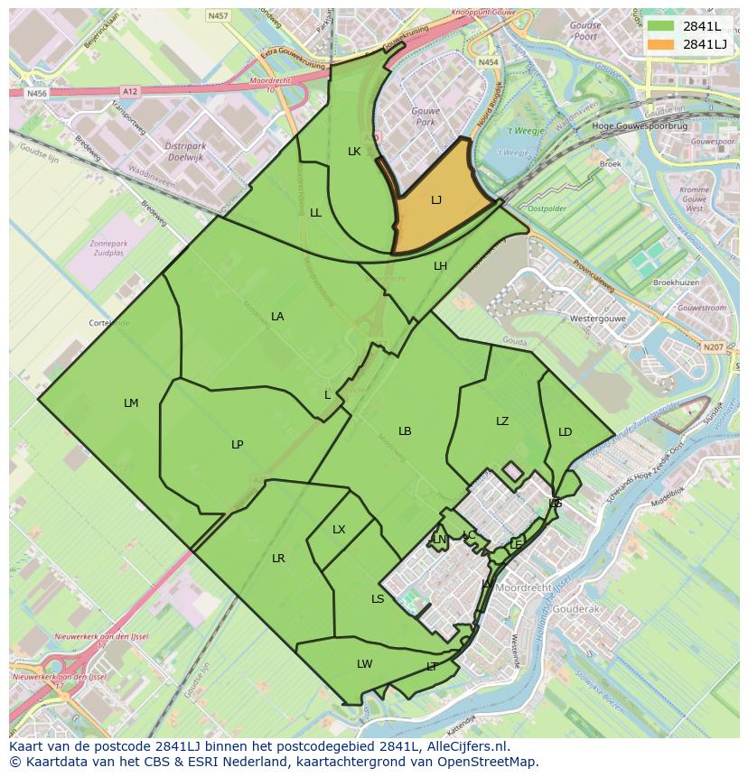 Afbeelding van het postcodegebied 2841 LJ op de kaart.