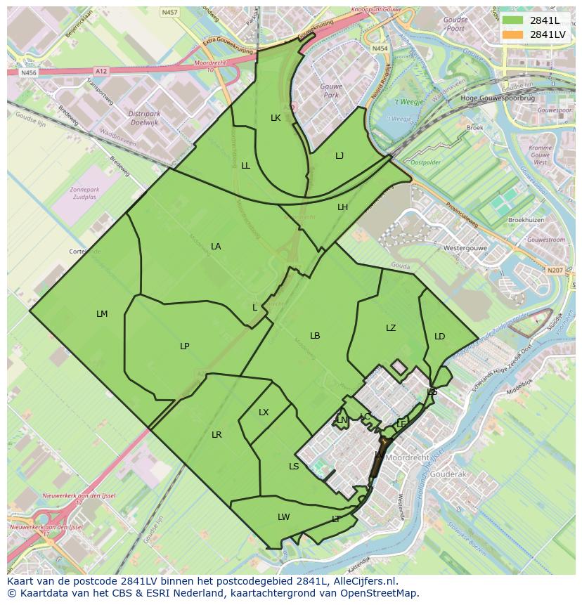 Afbeelding van het postcodegebied 2841 LV op de kaart.