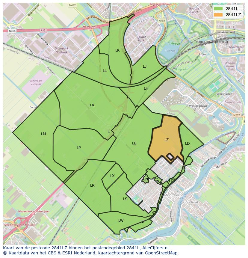 Afbeelding van het postcodegebied 2841 LZ op de kaart.
