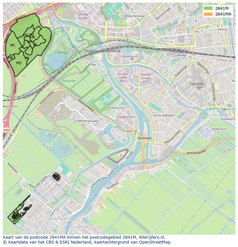 Afbeelding van het postcodegebied 2841 MA op de kaart.